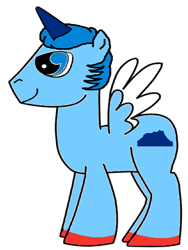 Size: 720x960 | Tagged: safe, artist:farhanazlan64, derpibooru import, oc, oc only, oc:afif, alicorn, pony, alicorn oc, blue eyes, blue mane, colored hooves, full body, hooves, horn, male, no tail, side view, simple background, smiling, solo, spread wings, stallion, standing, white background, wings