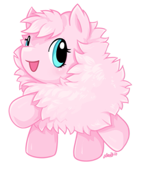 Size: 671x800 | Tagged: safe, artist:daintysweetheart, derpibooru import, oc, oc only, oc:fluffle puff, earth pony, pony, blue eyes, earth pony oc, female, fluffy, full body, hooves, open mouth, open smile, signature, simple background, smiling, solo, white background