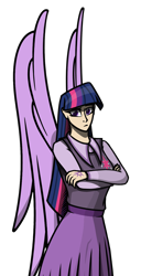 Size: 2403x4687 | Tagged: safe, artist:deroach, derpibooru import, twilight sparkle, twilight sparkle (alicorn), alicorn, human, fanfic:equestria project humanized, abstract background, clothes, crossed arms, cutie mark, cutie mark on clothes, humanized, simple background, transparent background, winged humanization, wings