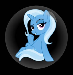 Size: 684x698 | Tagged: safe, artist:carlosuriel13, derpibooru import, trixie, pony, unicorn, black background, bubble, female, grin, hooves, horn, lidded eyes, mare, purple eyes, raised eyebrow, simple background, sitting, smiling, solo, tail, two toned mane, two toned tail