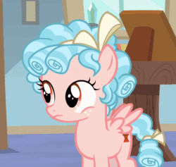 Size: 800x759 | Tagged: safe, derpibooru import, screencap, cozy glow, pegasus, pony, marks for effort, season 8, spoiler:s08, animated, blanket, bow, covering, cozybetes, cropped, curly hair, curly mane, cute, female, filly, foal, freckles, gif, not sure if want, pillow, ribbon, small wings, solo, surprised, two toned mane, wings