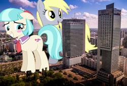 Size: 2405x1642 | Tagged: safe, artist:dashiesparkle, artist:theotterpony, derpibooru import, coco pommel, derpy hooves, earth pony, pegasus, pony, building, duo, female, giant pony, giantess, highrise ponies, irl, macro, mare, photo, poland, ponies in real life, story included, warsaw