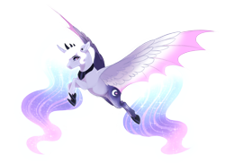 Size: 4400x3200 | Tagged: safe, artist:gigason, derpibooru import, oc, oc:nightwatch, alicorn, bat pony, bat pony alicorn, pony, bat wings, crown, cutie mark, ethereal mane, female, hoof shoes, horn, hybrid wings, jewelry, mare, regalia, simple background, solo, starry mane, transparent background, wings