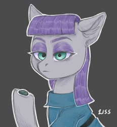 Size: 1182x1280 | Tagged: safe, artist:liss, derpibooru import, boulder (pet), maud pie, earth pony, pony, gray background, lidded eyes, simple background, solo