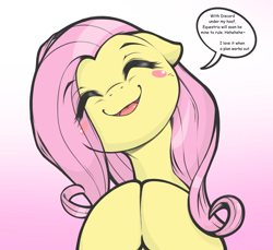 Size: 1118x1024 | Tagged: safe, artist:kurogewapony, derpibooru import, edit, fluttershy, pegasus, pony, blush sticker, blushing, cute, daaaaaaaaaaaw, evil, eyes closed, female, gradient background, hooves together, implied discord, implied manipulation, mare, open mouth, open smile, pure unfiltered evil, scheming, shyabetes, smiling, solo, text edit