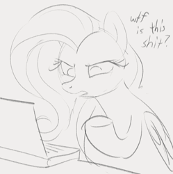 Size: 655x658 | Tagged: safe, artist:dotkwa, derpibooru import, fluttershy, pegasus, pony, computer, female, grayscale, laptop computer, mare, monochrome, sketch, solo, vulgar