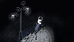 Size: 4000x2250 | Tagged: safe, artist:mrtank667, derpibooru import, pony, bench, black background, cloak, clothes, cobblestone street, hollow knight, lamppost, night, ponified, simple background, solo