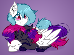 Size: 4000x3000 | Tagged: safe, artist:witchtaunter, derpibooru import, oc, oc only, oc:nimbus cloudington, pegasus, pony, commission, couple, cuddling, duo, ear fluff, ears, gradient background, sleeping, smiling, unshorn fetlocks