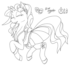 Size: 1200x1092 | Tagged: safe, artist:sepiakeys, derpibooru import, oc, oc only, oc:blue giggles, pony, unicorn, black and white, clothes, crossdressing, dress, ear fluff, ears, eyes closed, grayscale, lineart, male, monochrome, palindrome get, prance, solo, stallion, stockings, thigh highs, trap