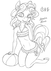 Size: 1024x1427 | Tagged: safe, artist:sepiakeys, derpibooru import, oc, oc only, oc:blue giggles, anthro, unicorn, anthro oc, beach ball, bikini, clothes, crossdressing, femboy, lineart, male, skirted bikini, swimsuit, trap