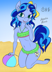 Size: 1077x1500 | Tagged: safe, artist:sepiakeys, derpibooru import, oc, oc only, oc:blue giggles, anthro, unicorn, anthro oc, beach ball, bikini, clothes, crossdressing, femboy, male, skirted bikini, swimsuit, trap