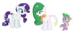 Size: 1152x468 | Tagged: safe, artist:macattackforever, derpibooru import, rarity, spike, oc, oc:radiant gem, dracony, dragon, hybrid, pony, unicorn, family, female, flower, flower in tail, interspecies offspring, male, offspring, parent:rarity, parent:spike, parents:sparity, shipping, simple background, sparity, straight, tail, transparent background