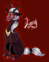 Size: 1200x1500 | Tagged: safe, artist:riotlizard, derpibooru import, oc, oc:princess lucifer, female, four eyes, horns, interspecies offspring, magical gay spawn, multiple eyes, offspring, parent:king sombra, parent:lord tirek, parents:sombrek, peytral, red background, simple background