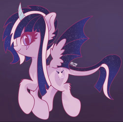 Size: 828x824 | Tagged: safe, artist:lynnpone, derpibooru import, oc, bat pony, bat pony oc, bat wings, coat markings, curved horn, female, glitter, horn, solo, tail, wings