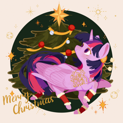 Size: 2500x2500 | Tagged: safe, artist:larix-u, derpibooru import, part of a set, twilight sparkle, twilight sparkle (alicorn), alicorn, pony, christmas, christmas tree, clothes, colored pupils, female, hair accessory, high res, holiday, leg warmers, lying down, mare, prone, solo, tree