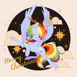 Size: 2500x2500 | Tagged: safe, artist:larix-u, derpibooru import, part of a set, rainbow dash, pegasus, pony, antlers, bell, bell collar, christmas, cloud, collar, colored pupils, female, high res, holiday, mare, open mouth, profile, reindeer antlers, reindeer dash, solo, spread wings, stars, wings