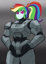 Size: 2951x4096 | Tagged: safe, artist:_ton618_, derpibooru import, rainbow dash, equestria girls, armor, crossover, halo (series), looking at you, smiling, solo
