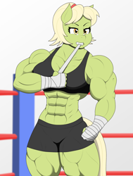 Size: 1800x2382 | Tagged: safe, artist:matchstickman, derpibooru import, granny smith, anthro, abs, boxing, boxing ring, clothes, compression shorts, female, granny smash, muscles, muscular female, solo, sports, sports bra, taped fists, young granny smith, younger