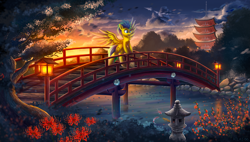 Size: 4619x2625 | Tagged: safe, artist:atlas-66, derpibooru import, oc, oc only, fish, pegasus, pony, asian, bridge, happy, japan, koi, lantern, nature, pagoda, scenery, sky, solo, tree, water