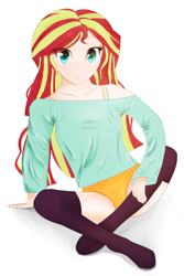 Size: 2385x3570 | Tagged: safe, artist:toffrox, derpibooru import, sunset shimmer, equestria girls, bra, bra strap, clothes, female, looking at you, loose fitting clothes, panties, simple background, sitting, socks, solo, stocking feet, stockings, thigh highs, underwear, white background