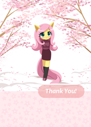 Size: 1358x1890 | Tagged: safe, artist:howxu, derpibooru import, fluttershy, anthro, unguligrade anthro, arm behind back, blushing, cherry blossoms, clothes, cute, eyes closed, flower, flower blossom, looking at each other, looking at someone, shyabetes, solo, stockings, thigh highs, tree