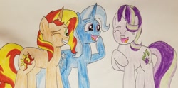 Size: 640x318 | Tagged: safe, artist:suntrixglim, derpibooru import, starlight glimmer, sunset shimmer, trixie, pony, unicorn, female, lesbian, polyamory, shipping, startrixset, traditional art