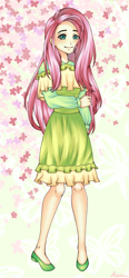 Size: 462x1000 | Tagged: safe, artist:akaruiyoso, derpibooru import, fluttershy, human, beautiful, clothes, colored pupils, dress, eyebrows, eyelashes, female, humanized, smiling, solo, standing