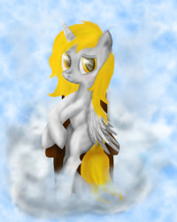 Size: 1600x2000 | Tagged: safe, artist:pisklakozaur, derpibooru import, oc, oc only, alicorn, pony, alicorn oc, cloud, female, horn, mare, on a cloud, solo, wings