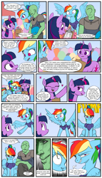 Size: 2000x3500 | Tagged: safe, artist:redruin01, color edit, derpibooru exclusive, derpibooru import, edit, rainbow dash, twilight sparkle, unicorn twilight, oc, oc:anon, human, pegasus, pony, unicorn, colored, comic, female, male, outdoors, speech bubble