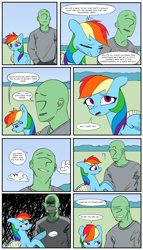 Size: 2000x3500 | Tagged: safe, artist:redruin01, color edit, derpibooru exclusive, derpibooru import, edit, rainbow dash, oc, oc:anon, human, pegasus, pony, bandage, colored, comic, female, male, outdoors, speech bubble