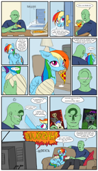 Size: 2000x3500 | Tagged: safe, artist:redruin01, color edit, derpibooru exclusive, derpibooru import, edit, rainbow dash, oc, oc:anon, human, pegasus, pony, bandage, colored, comic, female, food, indoors, male, pizza, sofa, speech bubble, television, wet, wet mane