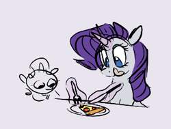 Size: 322x244 | Tagged: safe, artist:hattsy, artist:imsokyo, ponerpics import, rarity, sweetie belle, pony, unicorn, aggie.io, food, fork, knife, magic, pizza, plate, simple background, tongue, tongue out
