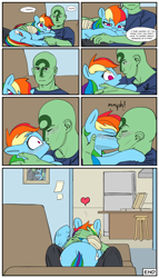 Size: 2000x3500 | Tagged: safe, artist:redruin01, color edit, derpibooru exclusive, derpibooru import, edit, rainbow dash, oc, oc:anon, human, pegasus, pony, bandage, colored, comic, female, indoors, kissing, male, sofa, speech bubble, straight