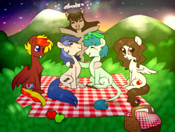 Size: 1600x1200 | Tagged: safe, artist:kaikururu, derpibooru import, oc, oc only, earth pony, pegasus, pony, basket, earth pony oc, grin, hug, outdoors, pegasus oc, picnic basket, picnic blanket, smiling, stars, wings