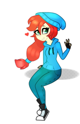 Size: 490x756 | Tagged: safe, artist:kaikururu, derpibooru import, oc, oc only, equestria girls, beanie, clothes, converse, equestria girls-ified, eyelashes, female, fingerless gloves, gloves, hat, heart, pants, shoes, simple background, sitting, smiling, sneakers, solo, transparent background