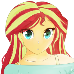 Size: 1372x1372 | Tagged: safe, alternate version, artist:toffrox, derpibooru exclusive, derpibooru import, sunset shimmer, equestria girls, bra, bra strap, bust, clothes, cropped, eye clipping through hair, eyebrows, eyebrows visible through hair, female, looking at you, simple background, solo, underwear, white background