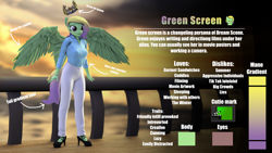 Size: 3840x2160 | Tagged: safe, artist:dangerousdpad, derpibooru import, oc, oc only, oc:green screen, anthro, changeling, pegasus, plantigrade anthro, 3d, breasts, clothes, female, reference, reference sheet, shirt, solo, source filmmaker, spread wings, standing, wings