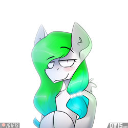 Size: 2560x2560 | Tagged: safe, artist:difis, derpibooru import, oc, oc:aurora wing, aeroverse, blushing, bust, hooves together, jewelry, lidded eyes, looking at you, raised eyebrow, simple background, smiling, smug