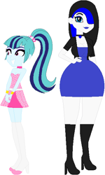 Size: 378x630 | Tagged: safe, artist:sturk-fontaine, derpibooru import, sonata dusk, oc, oc:violet dalmatian, equestria girls, alternate universe, bases used, big breasts, blue lipstick, breasts, choker, clothes, hair over one eye, jacket, leather jacket, pop star, simple background, white background, wide hips