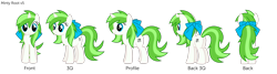 Size: 4740x1264 | Tagged: safe, artist:minty root, derpibooru import, oc, oc only, oc:minty root, pony, unicorn, angle, blue eyes, bow, female, front view, full body, hair bow, hooves, horn, mare, profile, rear view, reference sheet, show accurate, side view, simple background, smiling, solo, standing, story included, tail, three quarter view, transparent background, two toned mane, two toned tail, unicorn oc, vector