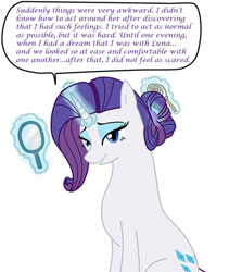 Size: 500x560 | Tagged: safe, artist:ask--luna-and-rarity, derpibooru import, rarity, pony, unicorn, alternate hairstyle, female, hair styling, implied lesbian, implied rariluna, implied shipping, mirror, simple background, solo, tumblr:ask luna and rarity, white background