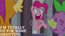 Size: 1280x720 | Tagged: safe, derpibooru import, edit, edited screencap, editor:quoterific, screencap, pinkie pie, smolder, spike, dragon, earth pony, pony, molt down, season 8, dragoness, female, male, mare, open mouth, open smile, smiling, trio, yelling