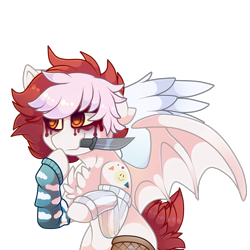 Size: 1500x1500 | Tagged: safe, artist:star-theft, derpibooru import, oc, oc only, bat pony, pony, chest fluff, clothes, knife, leg warmers, mouth hold, simple background, solo, transparent background