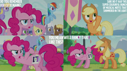 Size: 1280x720 | Tagged: safe, derpibooru import, edit, edited screencap, editor:quoterific, screencap, applejack, cloud kicker, coco crusoe, coloratura, fluttershy, pinkie pie, rainbow dash, royal riff, spike, dragon, earth pony, pegasus, pony, season 5, the mane attraction, applejack's hat, clothes, cloud, cowboy hat, cutie mark, female, flying, hat, male, mare, open mouth, open smile, smiling, spread wings, stallion, wings