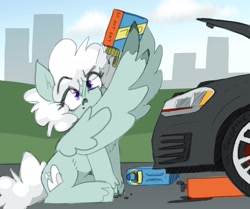 Size: 2000x1672 | Tagged: safe, artist:rellopone, derpibooru import, oc, oc only, oc:overcastpone, pegasus, pony, car, chest fluff, cloud, hooves, oil, pegasus oc, raised eyebrow, sitting, solo, volkswagen, wing hands, wings