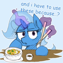 Size: 1525x1525 | Tagged: safe, artist:rellopone, derpibooru import, trixie, pony, unicorn, chopsticks, comic sans, female, food, horn, magic, noodles, ramen, simple background, solo, telekinesis, text