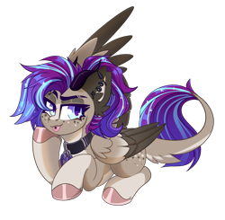 Size: 2000x1957 | Tagged: safe, artist:star-theft, derpibooru import, oc, oc only, oc:ouija, pegasus, pony, collar, colored hooves, ear fluff, ear piercing, earring, ears, female, freckles, full body, hoof polish, hooves, jewelry, leonine tail, looking at you, lying down, mare, one wing out, pegasus oc, piercing, prone, simple background, solo, tail, three quarter view, transparent background, wing fluff, wings