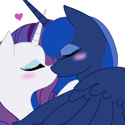 Size: 600x600 | Tagged: safe, artist:ask--luna-and-rarity, derpibooru import, princess luna, rarity, alicorn, pony, unicorn, blushing, female, kissing, lesbian, rariluna, shipping