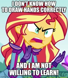 Size: 500x574 | Tagged: safe, derpibooru import, screencap, sunset shimmer, animation error, exploitable meme, image macro, meme, sunset is not willing to learn