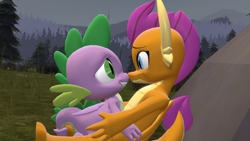 Size: 1920x1080 | Tagged: safe, artist:ponygamer2020, artist:ponygamersfm, derpibooru import, smolder, spike, dragon, 3d, blushing, boop, cute, dragoness, duo, ear, eye contact, female, forest, happy, horn, hug, kissing, looking at each other, looking at someone, male, noseboop, rock, shipping, sitting, smiling, smolderbetes, source filmmaker, spikabetes, spolder, straight, tail, winged spike, wings